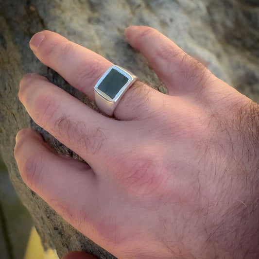 18. Horoeka Signet Ring | NZ Greenstone (Pounamu) Solid Sterling Silver Signet Ring Size P - HerbertandWilks Jewellery