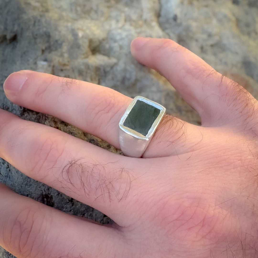 18. Horoeka Signet Ring | NZ Greenstone (Pounamu) Solid Sterling Silver Signet Ring Size P - HerbertandWilks Jewellery