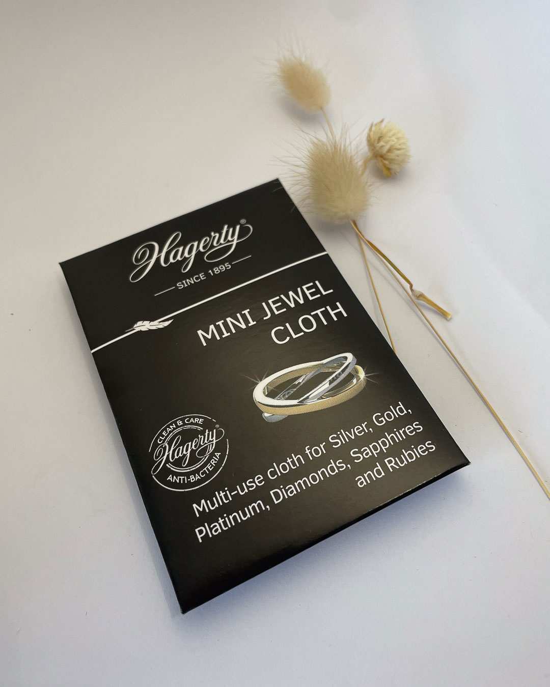 An image showin the front of the packet that contains the Hagerty jewellery polishing cloth. 