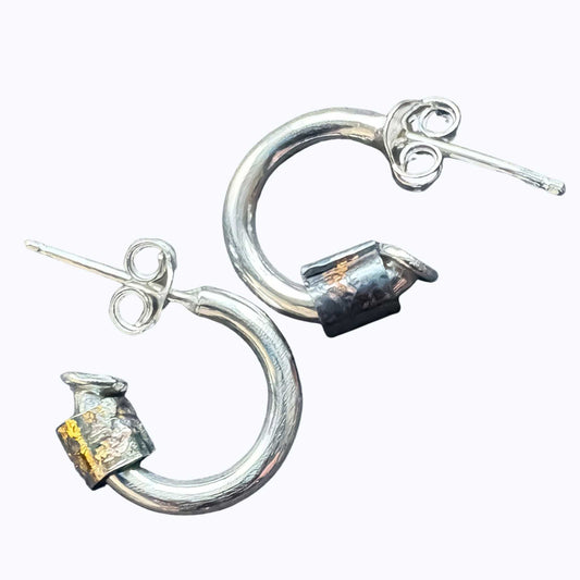 Wrapped Hoop Earrings with oxidised fine silver bead finished in 24ct gold Keum-Boo, 10 mm sterling silver hoops on a white background.