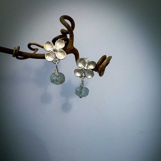 Hydrangea & Aquamarine Stud Earrings – A Botanical Bloom in Silver - HerbertandWilks Jewellery