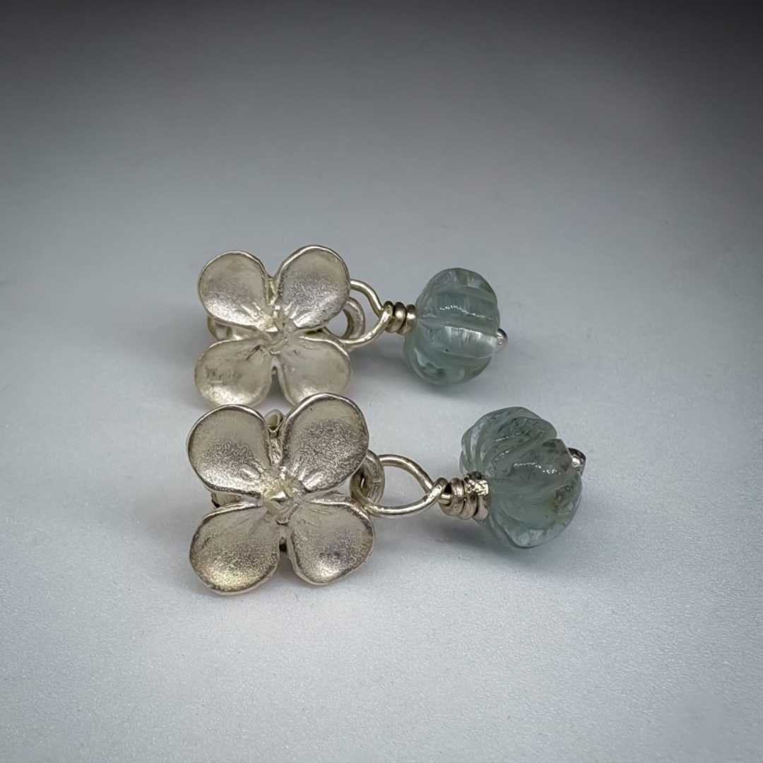 Hydrangea & Aquamarine Stud Earrings – A Botanical Bloom in Silver - HerbertandWilks Jewellery