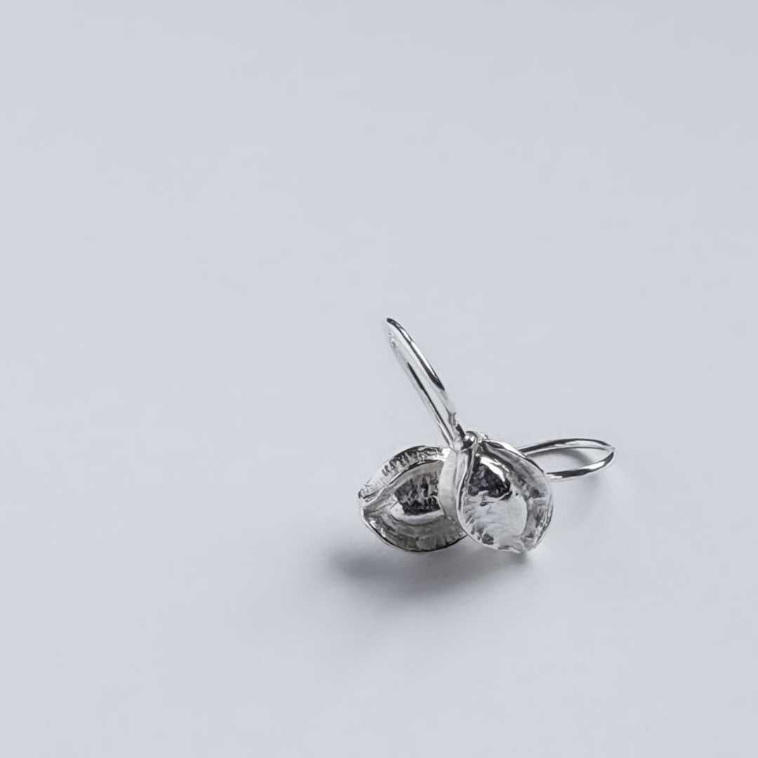 Sterling silver kowhai pod earrings leaning together on soft grey background, minimalist botanical earrings with sculptural form