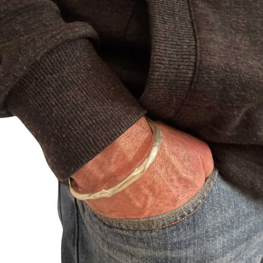 Silver Trace Cuff worn on wrist – handcrafted unisex silver bracelet with sculptural form by Herbertandwilks Jewellery