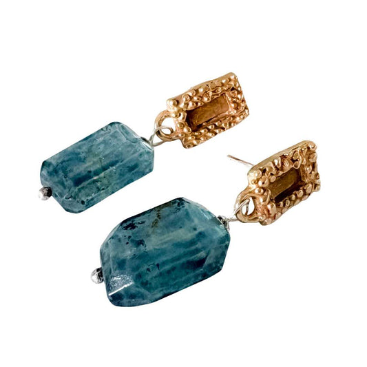 Strata Bronze Rectangle Earrings with faceted London Blue Topaz beads and fluid textured surfaces — handcrafted in Mt Eden by HerbertandWilks.