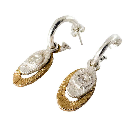 Strata Mixed-Metal Diamond Oval Earrings seen upright from the right — silver sunburst ovals resting on golden bronze frames, white background.