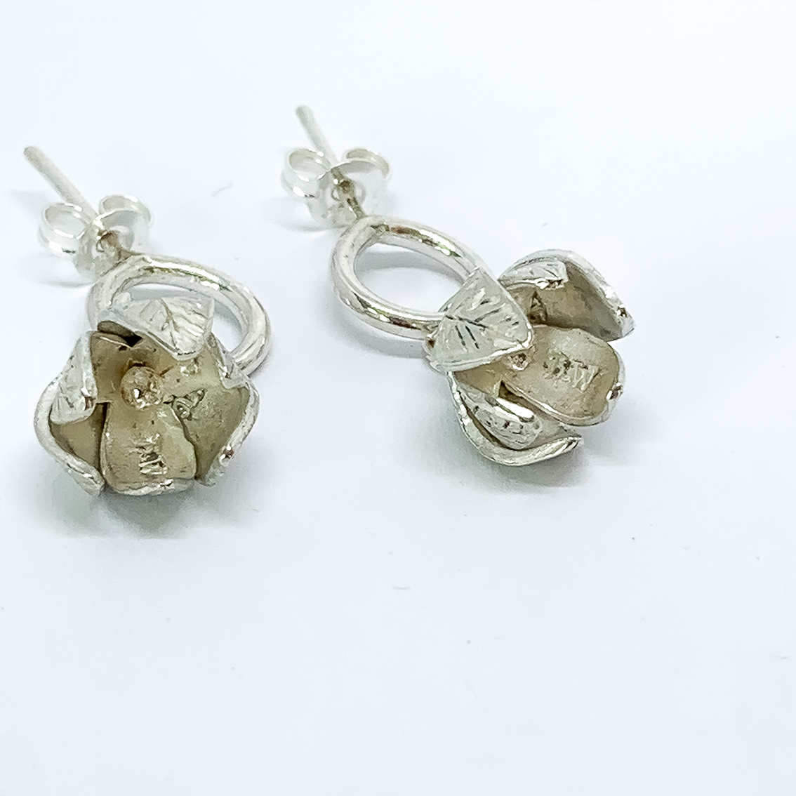 Abstract Circle Earrings with Flower Charm | Studs | Sterling Silver