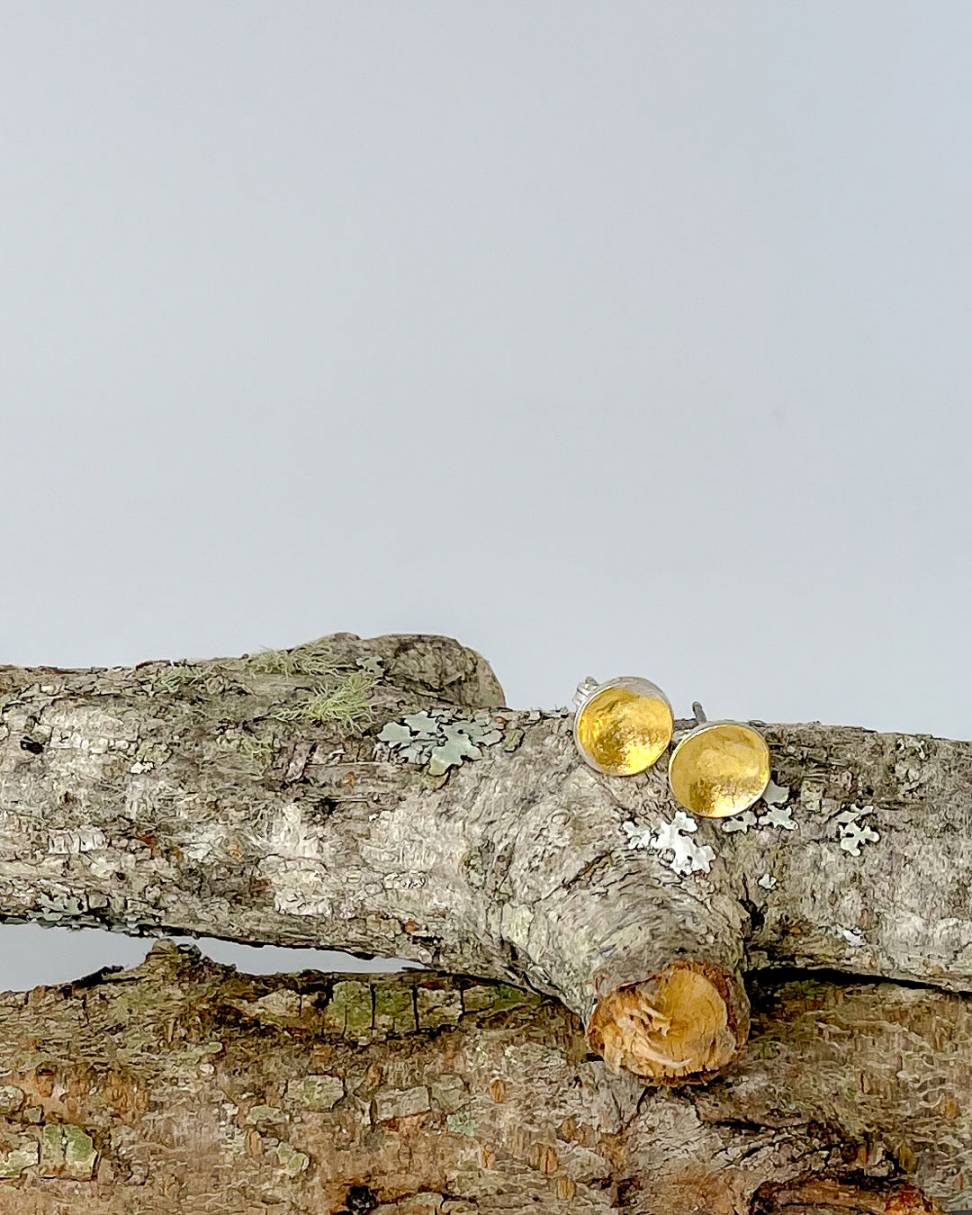 A pair of organic Fine Silver concave Stud Earrings with a Silver+Gold Finish sitting on some branches