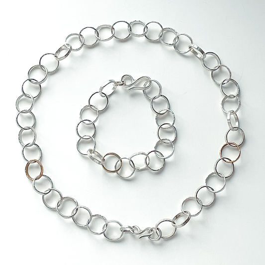 Heavy Textured Link Chain Necklace in Sterling Silver and Bronze
