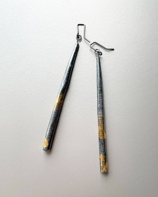 Long Narrow oxidised Fine Silver conical pendant earrings highlighted with 24ct Gold leaf