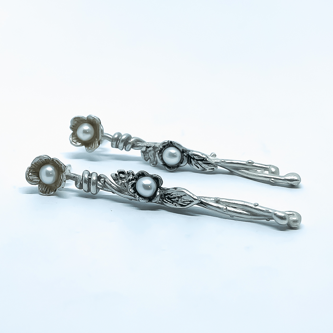 Entwined - Flower Drop Earrings | Studs | Sterling Silver + Fresh Water Pearls - HerbertandWilks Jewellery