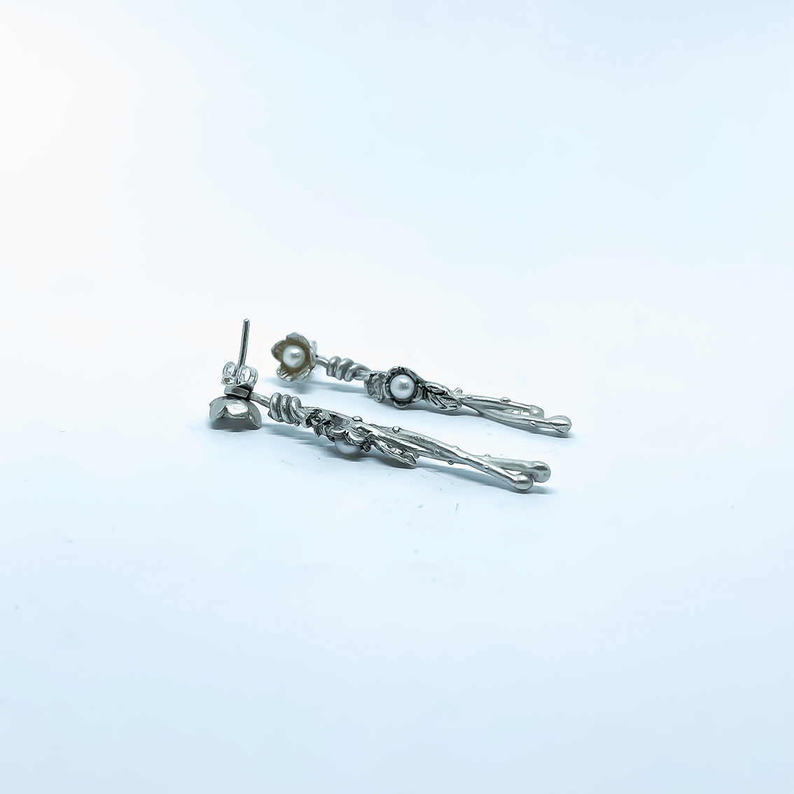Entwined - Flower Drop Earrings | Studs | Sterling Silver + Fresh Water Pearls - HerbertandWilks Jewellery