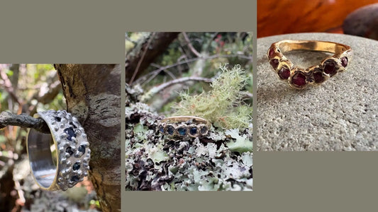 Composite image showing three rings: a sapphire ring, a ruby ring, and an organic flow ring set with sapphires, each styled on varied natural backgrounds