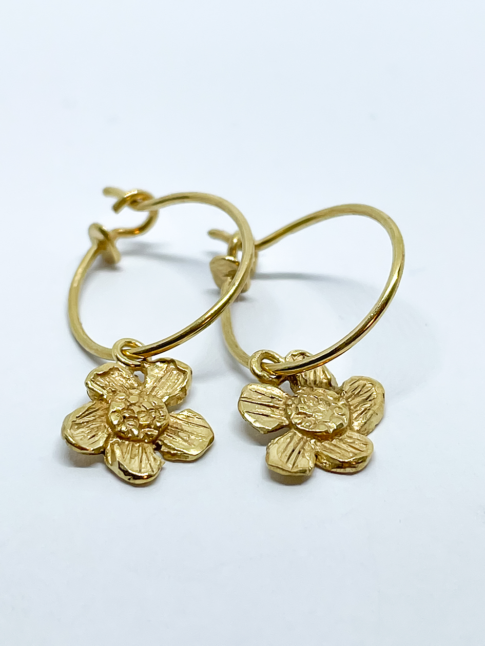 Gold Tone Small Hoop Earrings with Daisy Charms Gold Vermeil