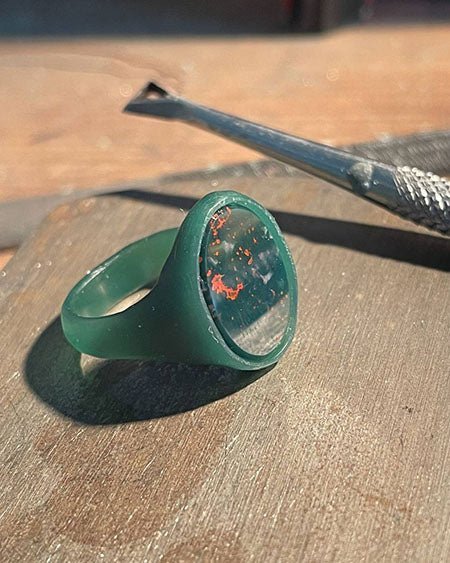 Hand-carved wax model for a bloodstone oval signet ring — HerbertandWilks Jewellery, New Zealand
