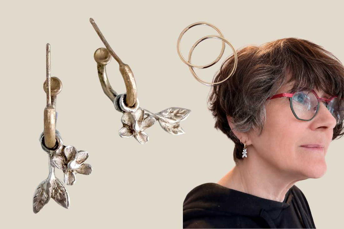 Gold textured hoops and sleepers styled with sterling silver Plum Blossom and Leaf earring charms — HerbertandWilks double lobe earring stack