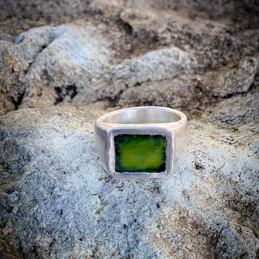 18. Horoeka Signet Ring | NZ Greenstone (Pounamu) Solid Sterling Silver Signet Ring Size P - HerbertandWilks Jewellery
