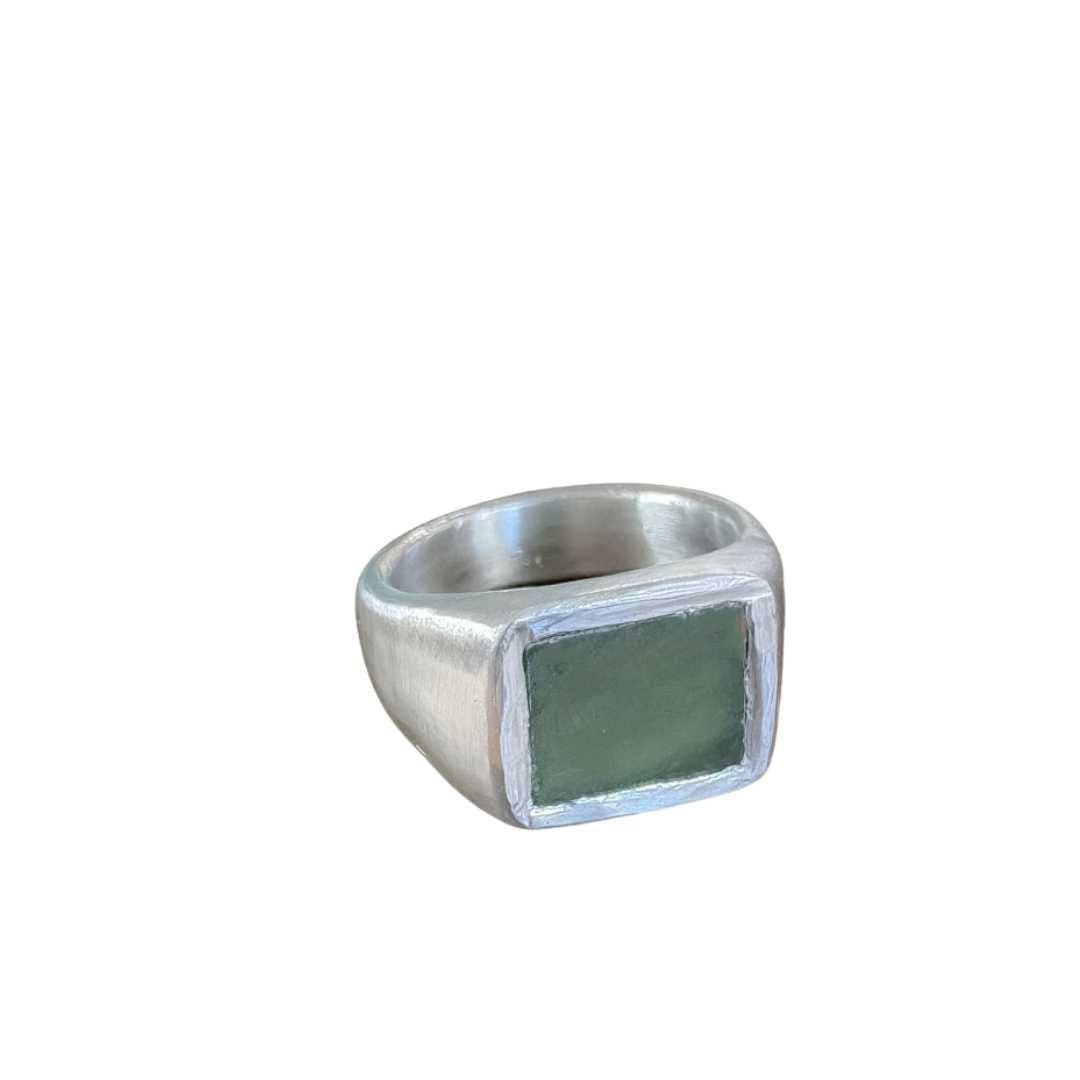 18. Horoeka Signet Ring | NZ Greenstone (Pounamu) Solid Sterling Silver Signet Ring Size P - HerbertandWilks Jewellery