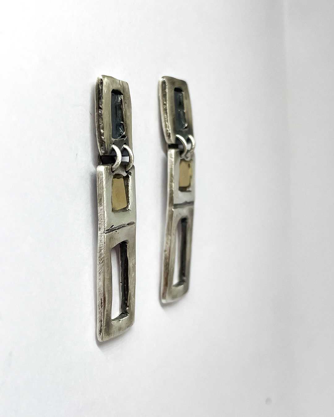 Modernist Earrings No. 8 - Geometric Cutout Drop Earrings in Oxidisded Sterling Silver + 18ct Gold