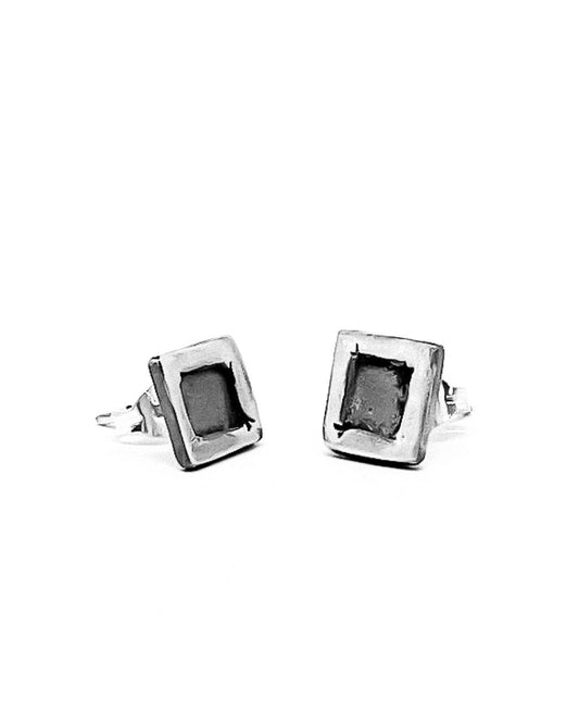 Modernist Earrings No. 6 - Geometric Square Stud Earrings in Oxidised Sterling Silver