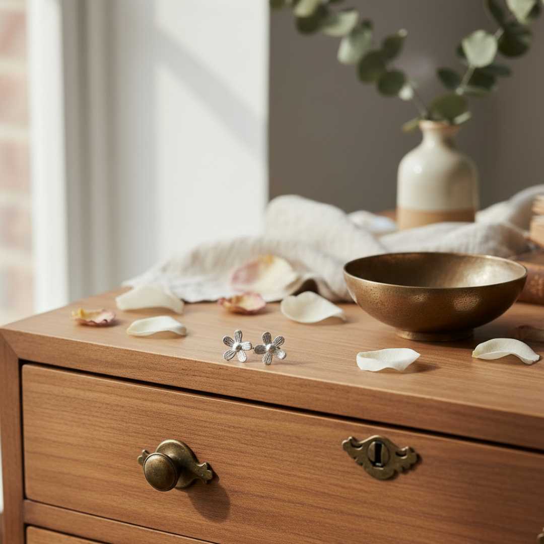 Flora sterling silver flower studs styled on timber dresser with petals, everyday elegant jewellery