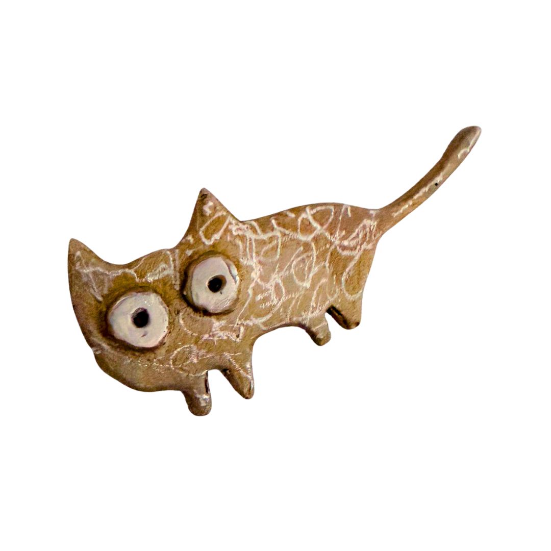Bronze Cat Pin with hand-finished textured surface and sculptural eyes
