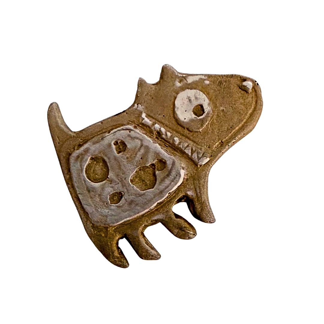 Bronze Dog Pin with hand-finished textured surface and spotted detail