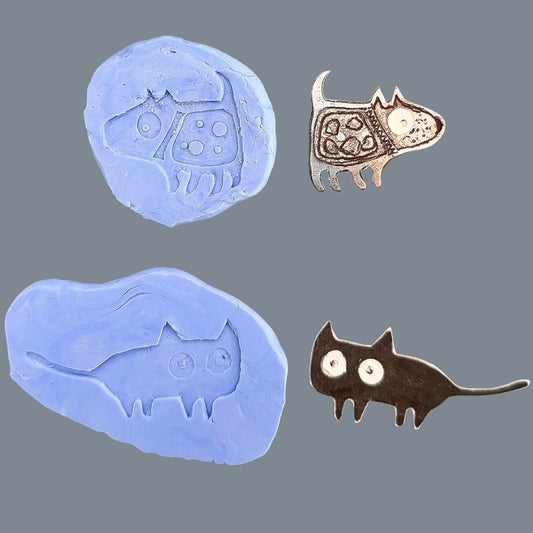 Paper collage animal designs beside silicone moulds, showing how the original collage is captured before casting.