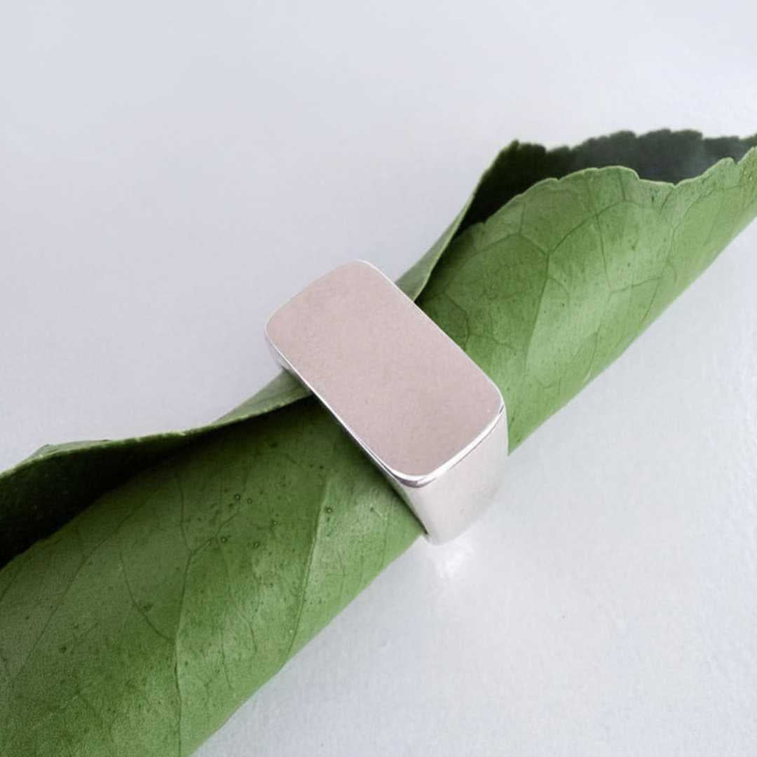 A minimalist sterling silver eden signet ring, size Q with a rectangular, rounded top sits on a rolled green lemon leaf against a clean white background.