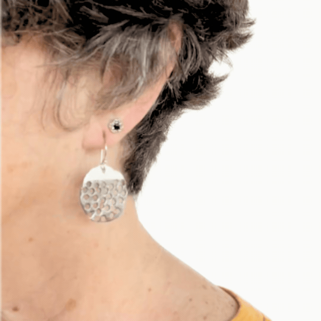 The Filtered Light Earrings Worn alongside the Fluid Dewdrop Sapphire Stud earrings to show how the earrings move 