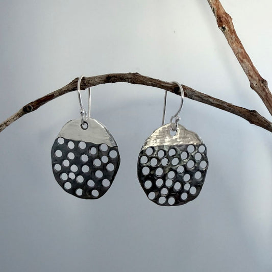 Filtered Light sterling silver dangle earrings with oxidised pierced detailing, handmade in Auckland, New Zealand.