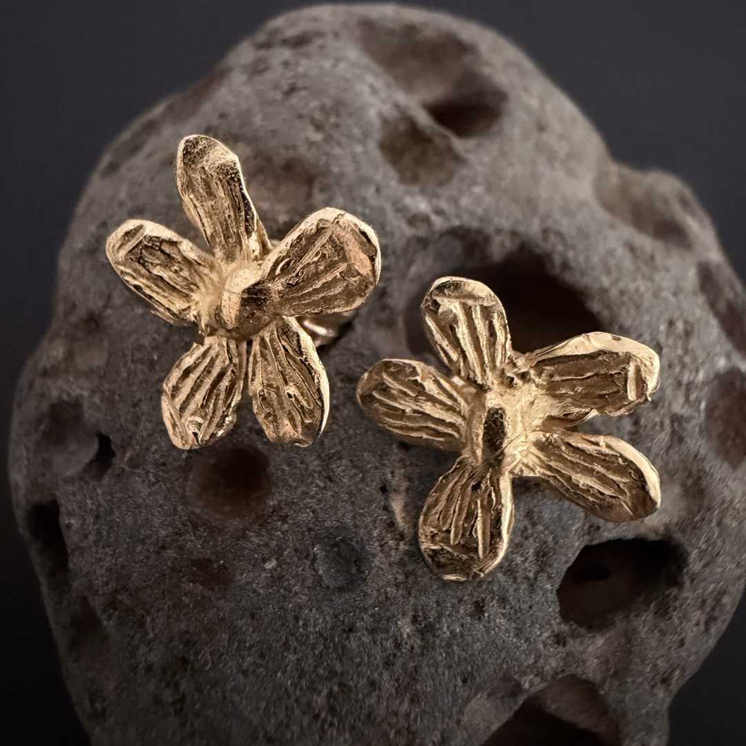 A closeup macro shot of a pair of Flora 18ct Gold Plate flower stud earrings sitting on a textured rock, handmade botanical jewellery