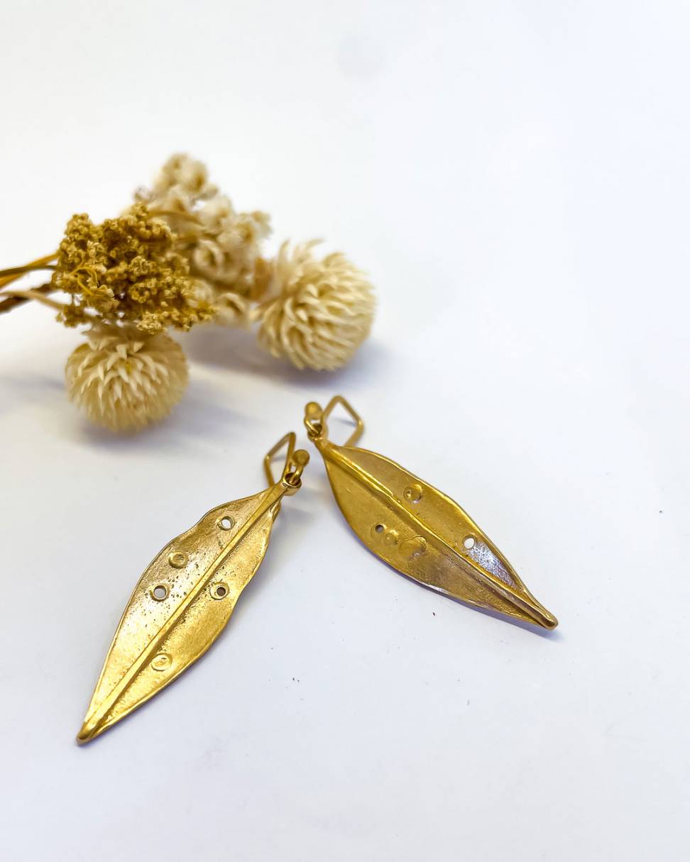 Golden Pohutukawa Leaf Pendant Earrings | 18ct Gold Plate over Sterling Silver | Long