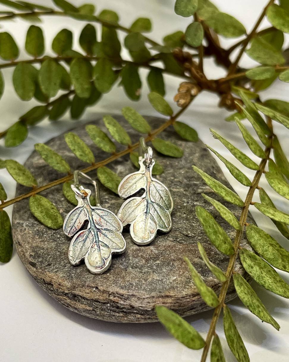 Kowhai Leaf Charm Dangle Earrings in Sterling Silver