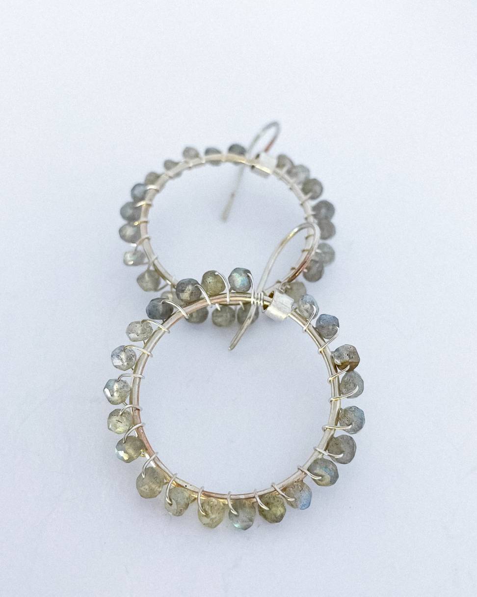 Celestial Hoop Earrings | Medium | Sterling Silver + Labradorite