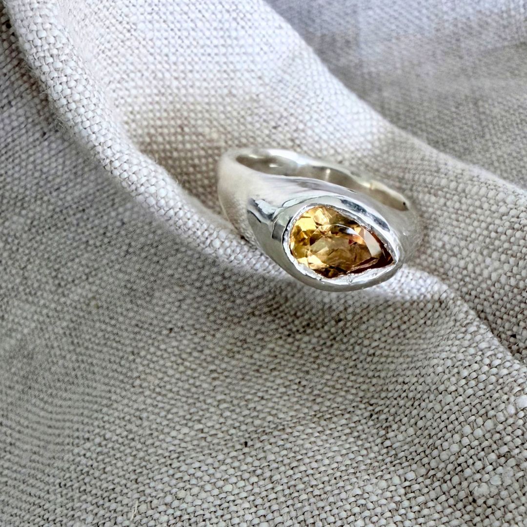 Kōwhai Signet Ring in sterling silver with pear-cut natural citrine