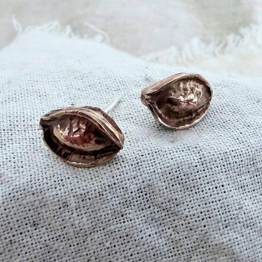 Close-up of bronze Kōwhai Pod stud earrings showing their textured botanical form and sterling silver posts.