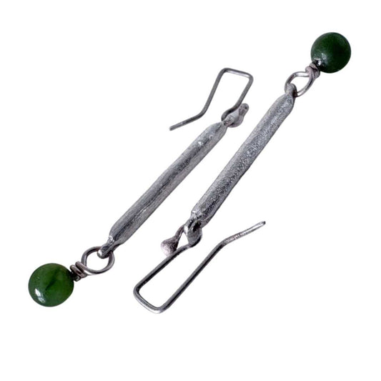 Line Chain Pounamu Bead Drop Earrings in sterling silver showing textured chain and greenstone bead detail