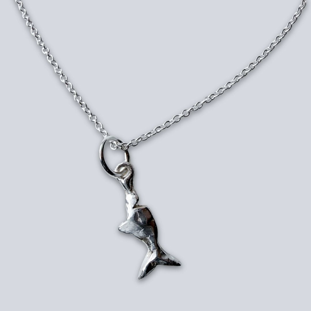 Mini Chomp sterling silver fish pendant worn on a 45cm round cable link chain.