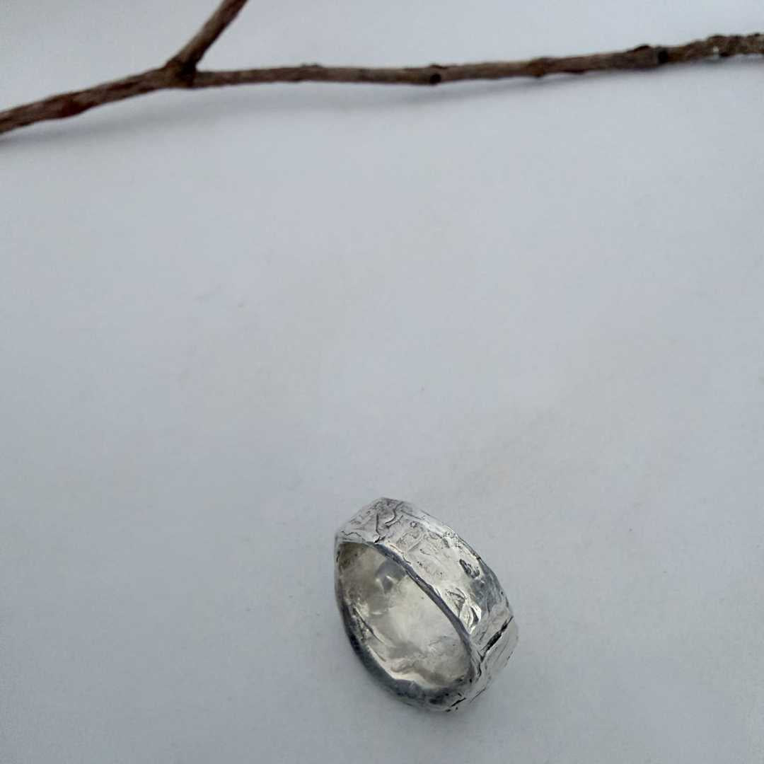 Oval Bloodstone Signet Ring hanging from a small branch showing the side profile — chunky bezel, organic cast surface, and band width — HerbertandWilks Jewellery