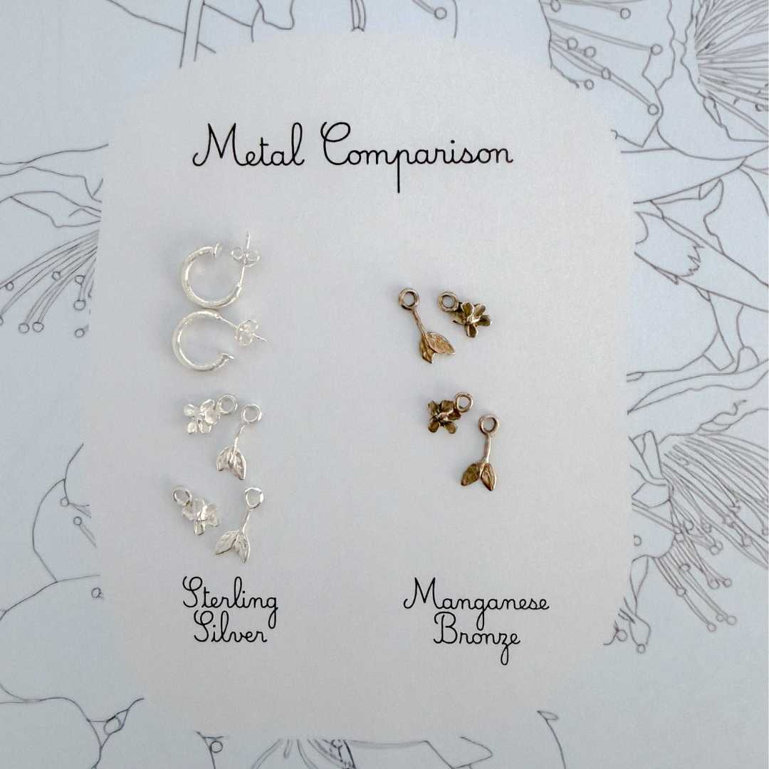Jewellery metal comparison display by HerbertandWilks Jewellery, showing sterling silver and manganese bronze Plum Blossom & Leaf earring charms side-by-side. This local Auckland jewellery piece features handwritten text on a white card with botanical line drawings.