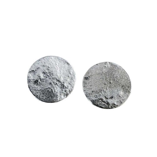 Front view of the 15mm sterling silver Sequin Disc Stud Earrings on a crisp white background, showcasing their clean circular silhouette and hand-reticulated textured finish.
