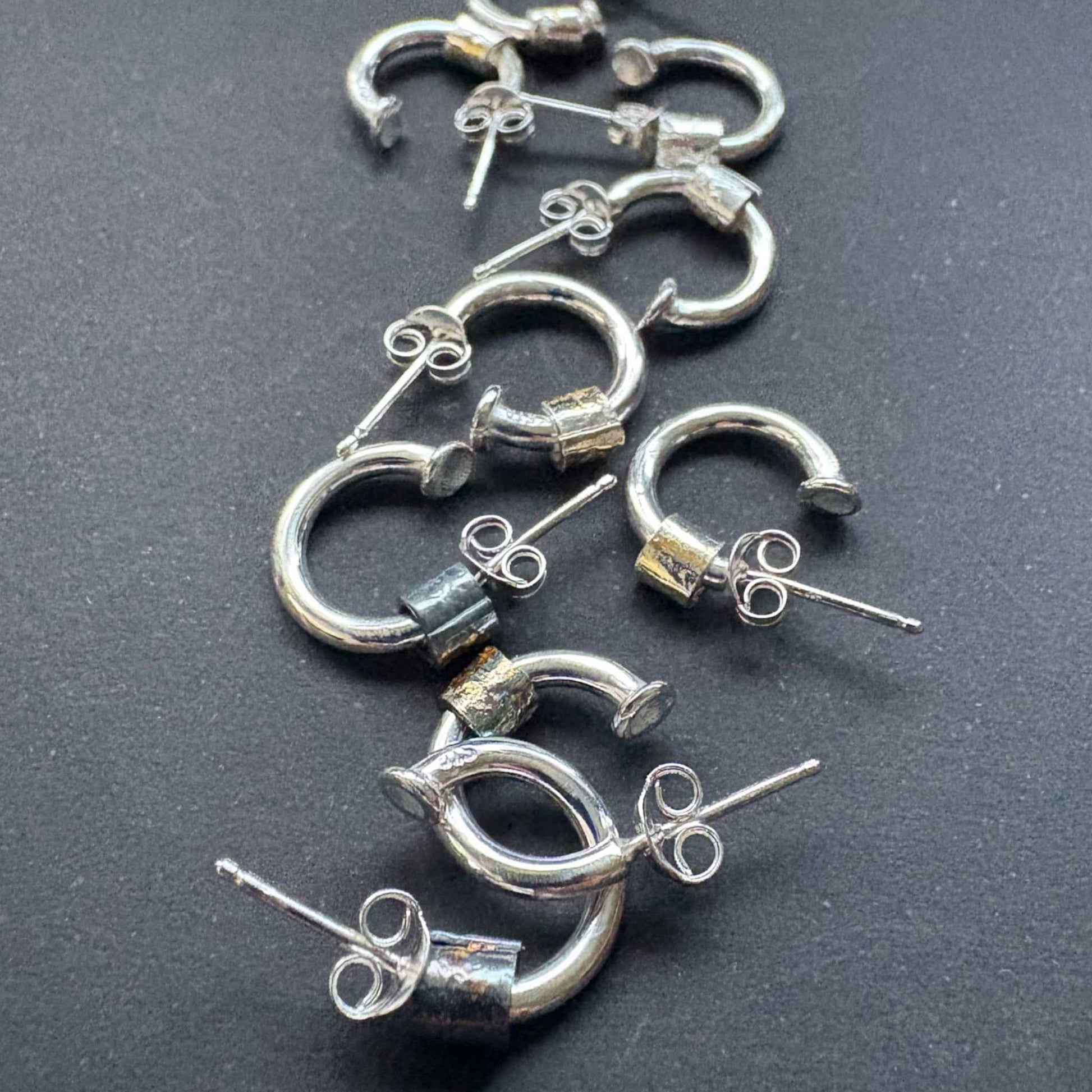 Small batch of 5 Wrapped Hoop Earrings, mix of plain fine silver beads and oxidised Keum-Boo gold beads, showing variation in colour and finish.