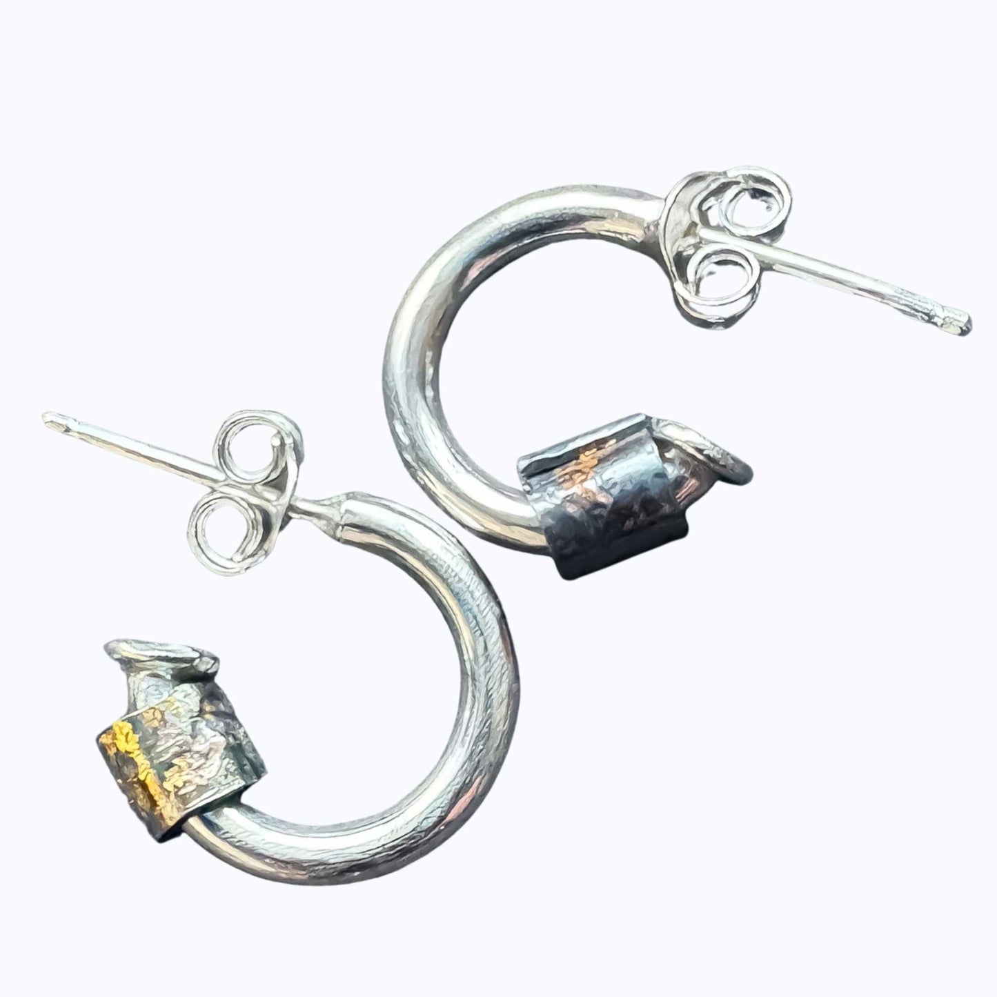 Wrapped Hoop Earrings with oxidised fine silver bead finished in 24ct gold Keum-Boo, 10 mm sterling silver hoops on a white background.