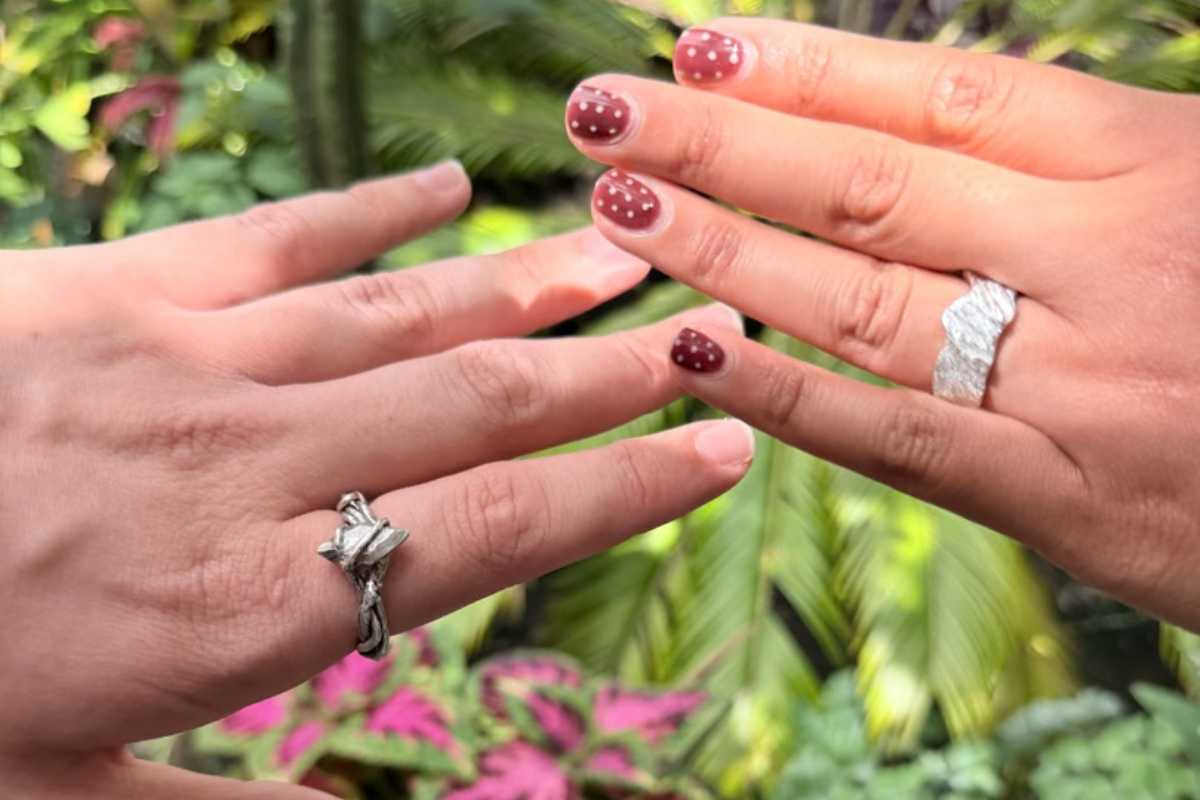 Two sterling silver rings once finished were picked up and we got to photograph them being  tried on for size 