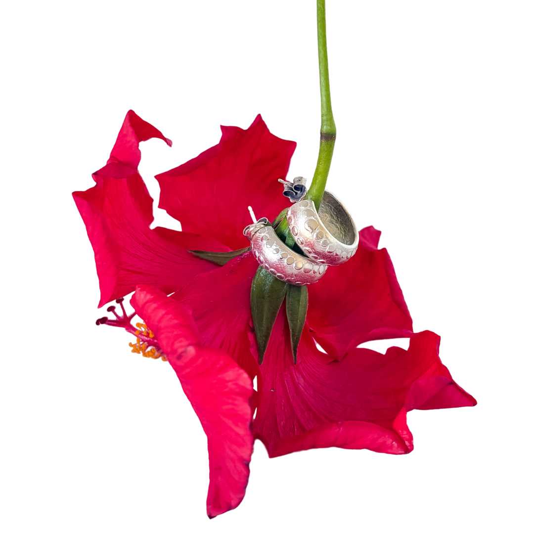 The Wide Fluid Hoop Earrings in Sterling Silver Sitting on the stem of a red hibiscus flower