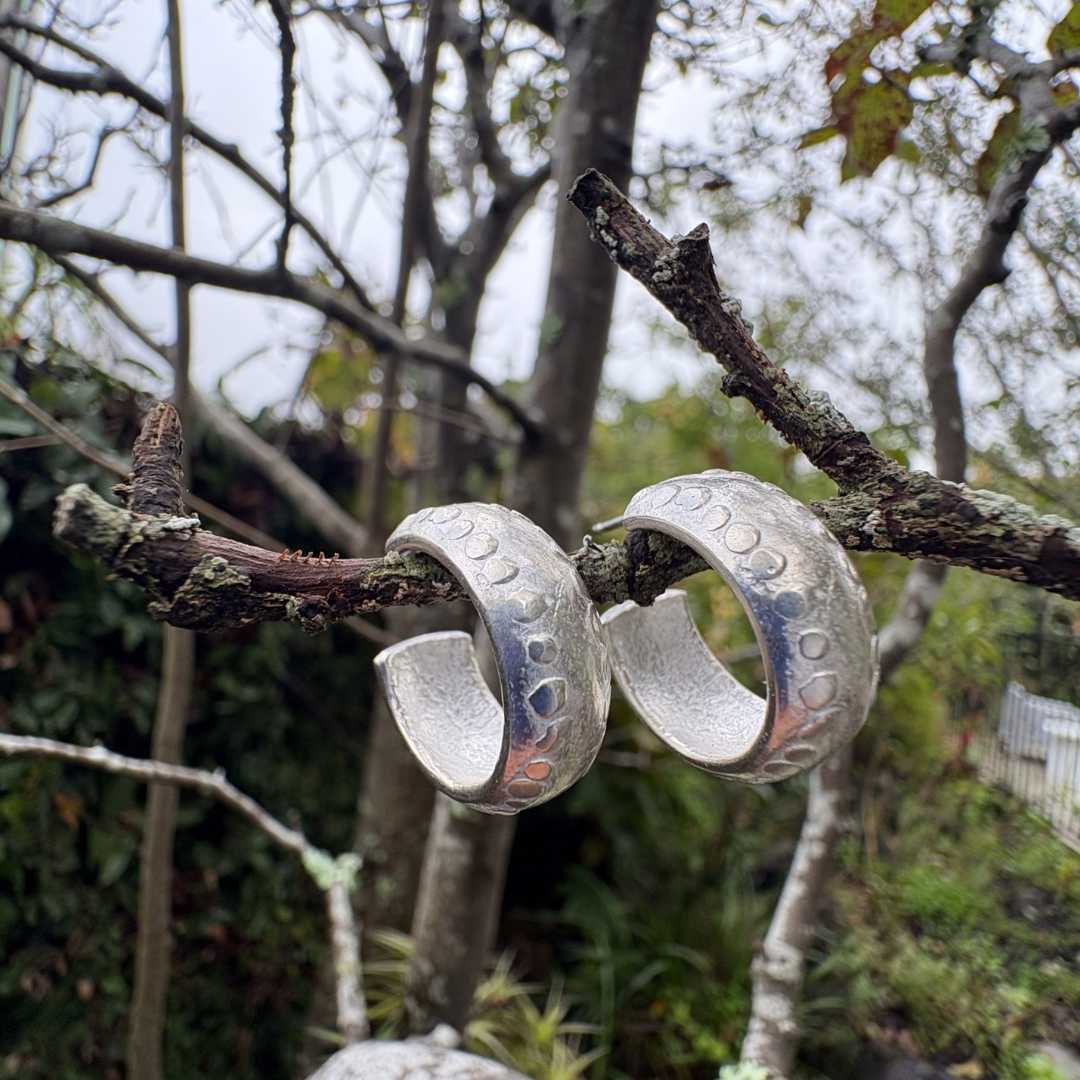 Side profile of the Wide Hoop Earrings as they dangle from a small tree branch.
