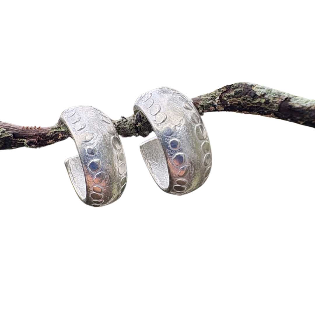 Wide Fluid Hoop Earrings in Sterling Silver hanging from a tree branch