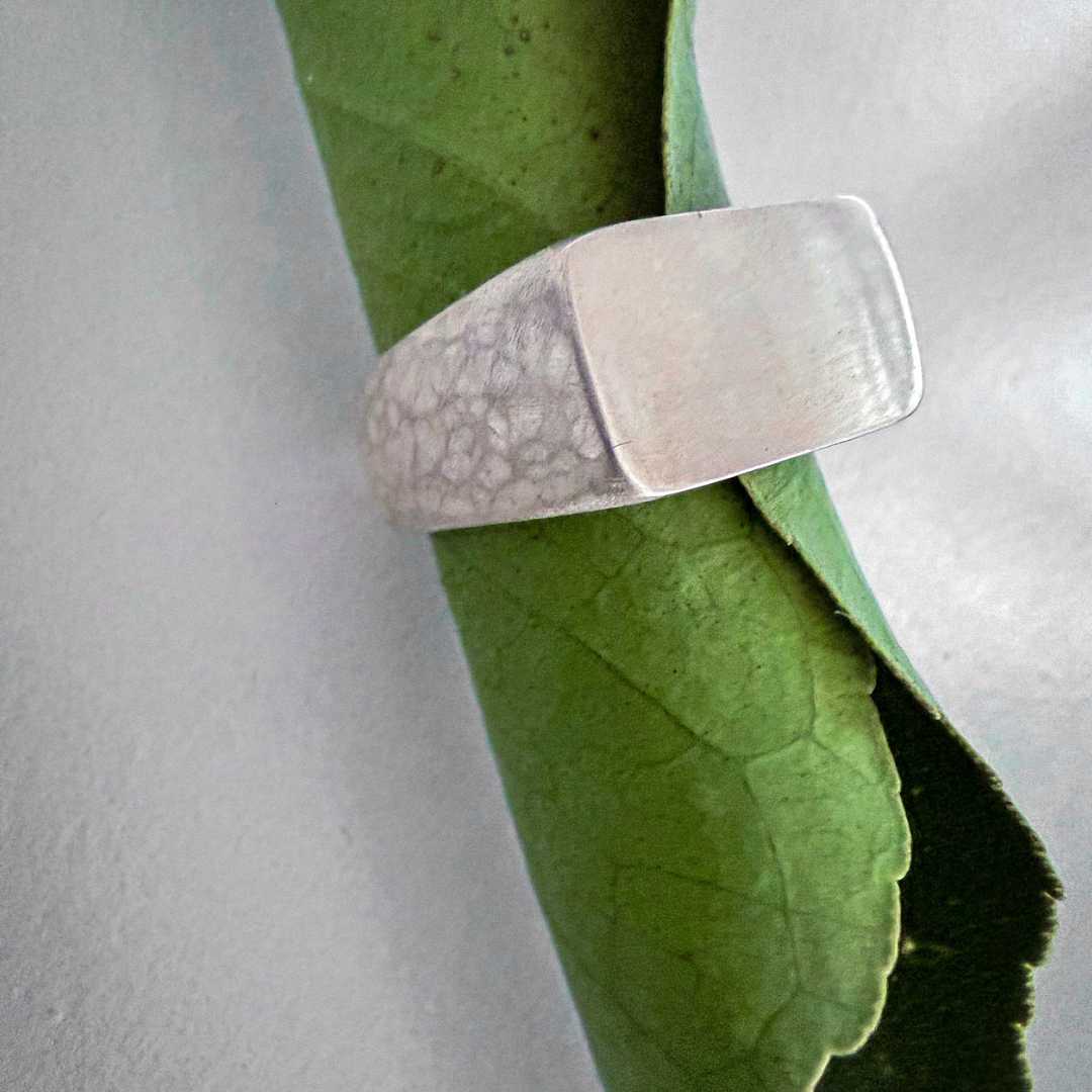 Hammered sterling silver Eden signet ring, size R, with a flat signet face displayed on a rolled green lemon leaf.