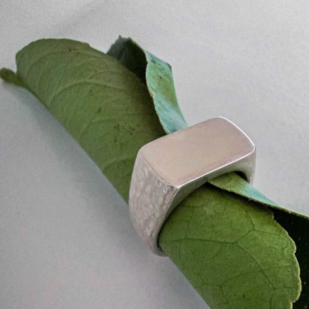 A Hammered sterling silver Eden signet ring, size R with a wide, rounded rectangular band with a textured, hammered finish, displayed on a rolled green leaf against a light gray background.